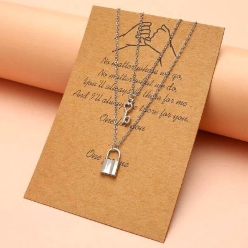 WHITE GOLD PLATED HEART KEY LOCK UNISEX PENDANT NECKLACE WITH INSPIRATIONAL CARD